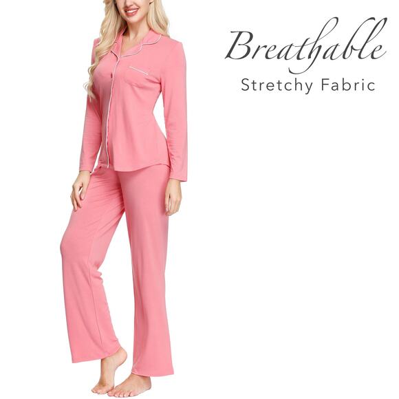 INK+IVY Rayon Long Sleeve Button Top & Trouser Pajama Set Pink Size M - Picture 2 of 4